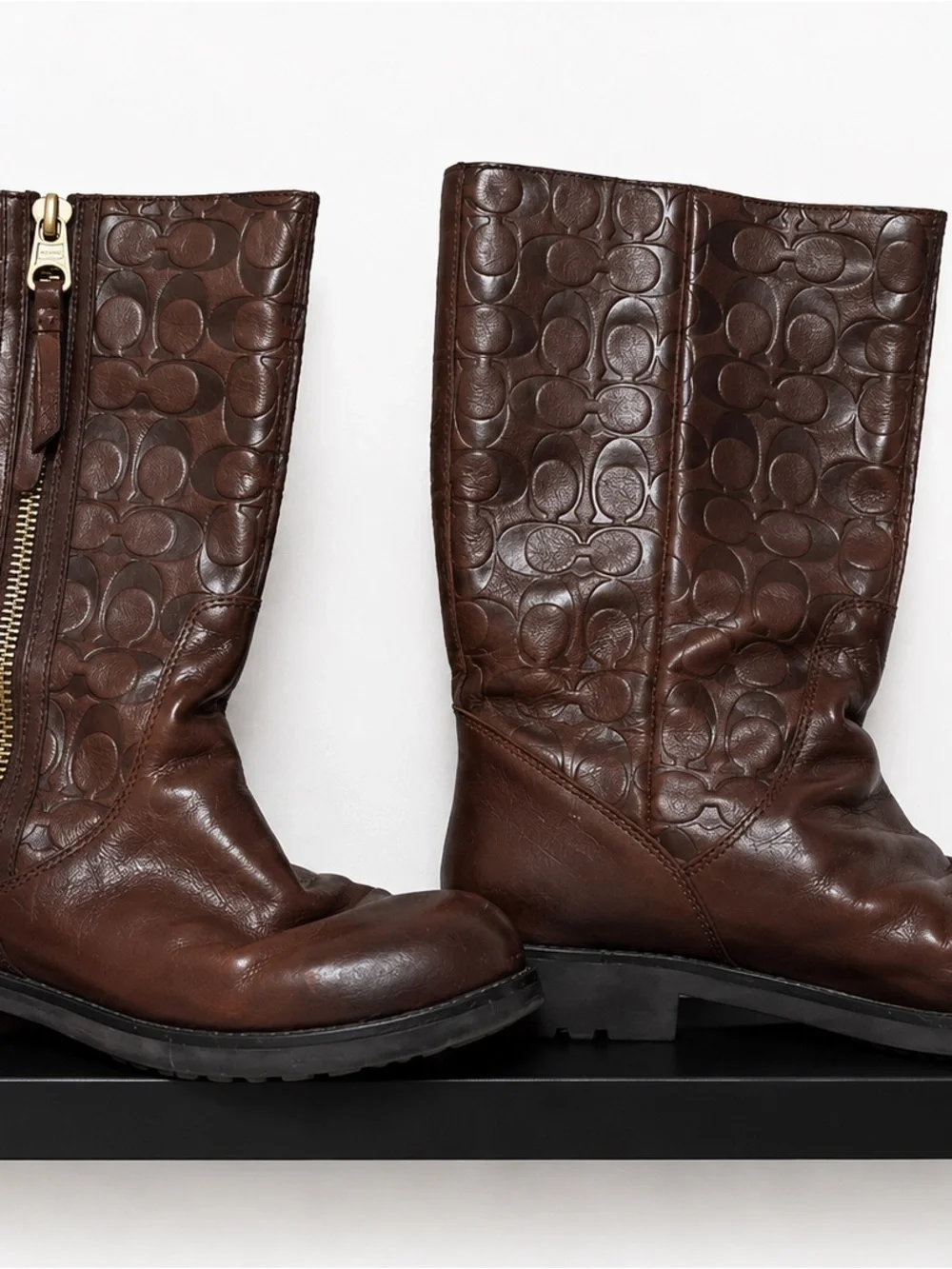 Coach Brown Embossed Leather Lace-Up Mid-Calf Boots